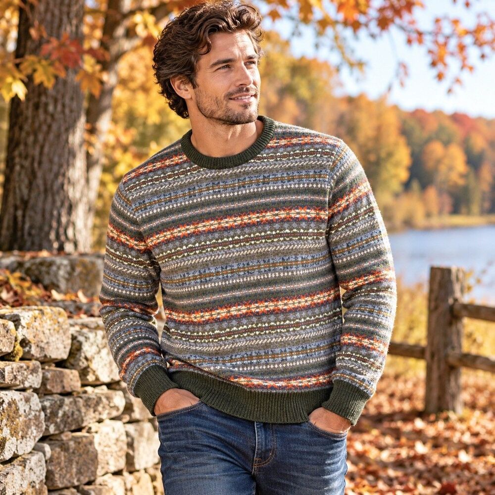J Crew Sweater Mens Large Multicolor Fair Isle Wool Blend Crewneck Pullover